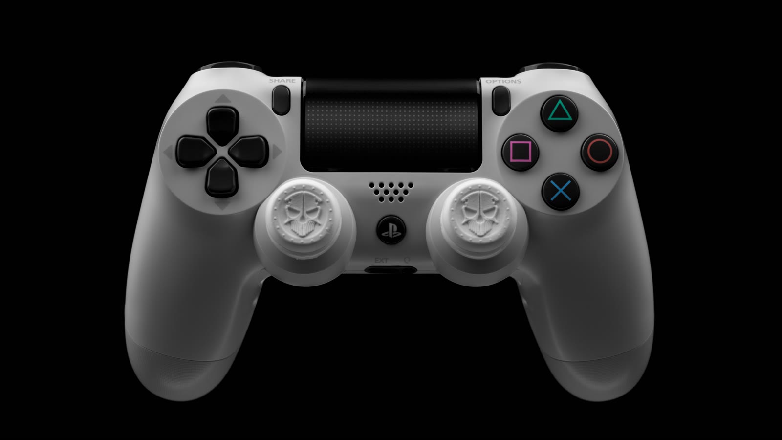 Hvid PlayStation-controller med trekant, cirkel, kryds og firkant tydeligt synlige